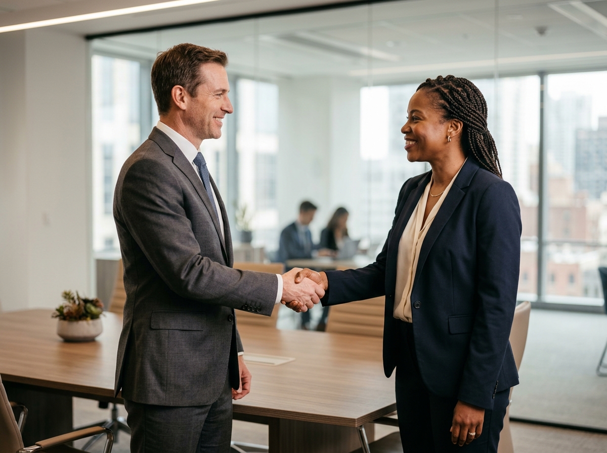 Two business partners shaking hands — representing the partnership Vertex builds with every client