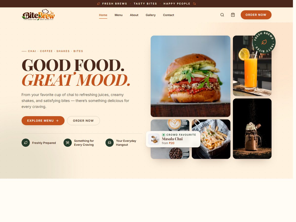 BrewBite — Cafe & Restaurant landing page preview